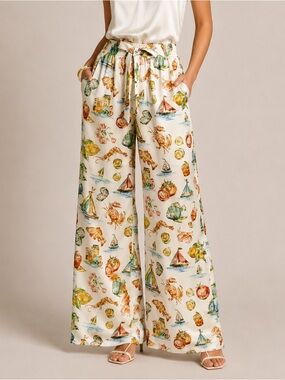 Rebecca Vallance Ikaria Silk Palazzo Pants Coastal Print Wide Leg Pockets US 0